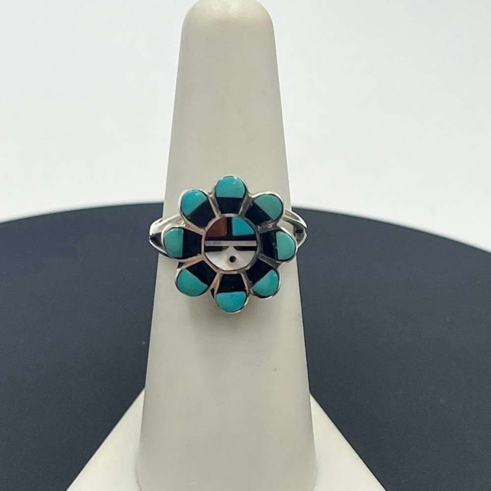 Zuni Hopi Native American SUNFACE RING signed Turquoise‎ Inlay Sterling Sz 6.5